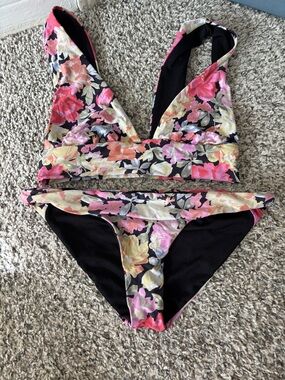 Billabong Floral Bikini Set in Black, Pink, Coral, and Cream